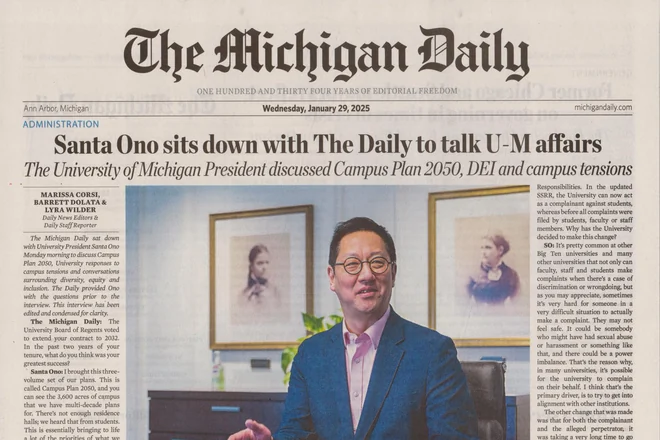 Front page of the print edition of The Michigan Daily, Wednesday, January 29, 2025