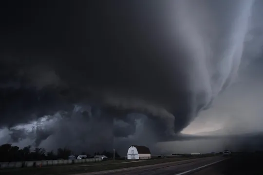 A supercell thunderstorm wheeling over a farmhouse on the Kansas plains