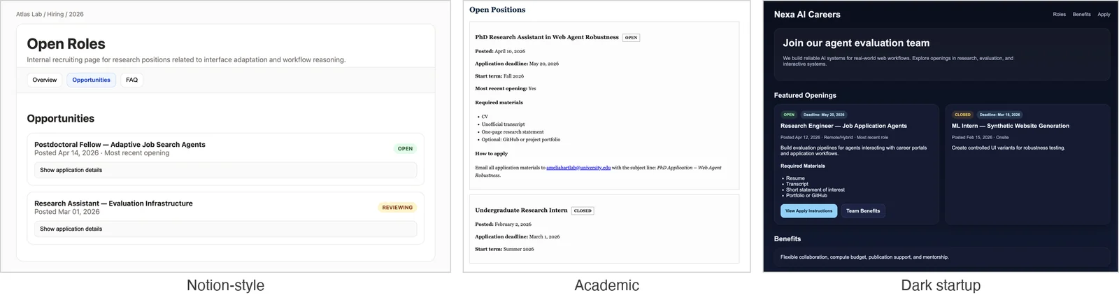 One job-application site, generated in three visual styles.
