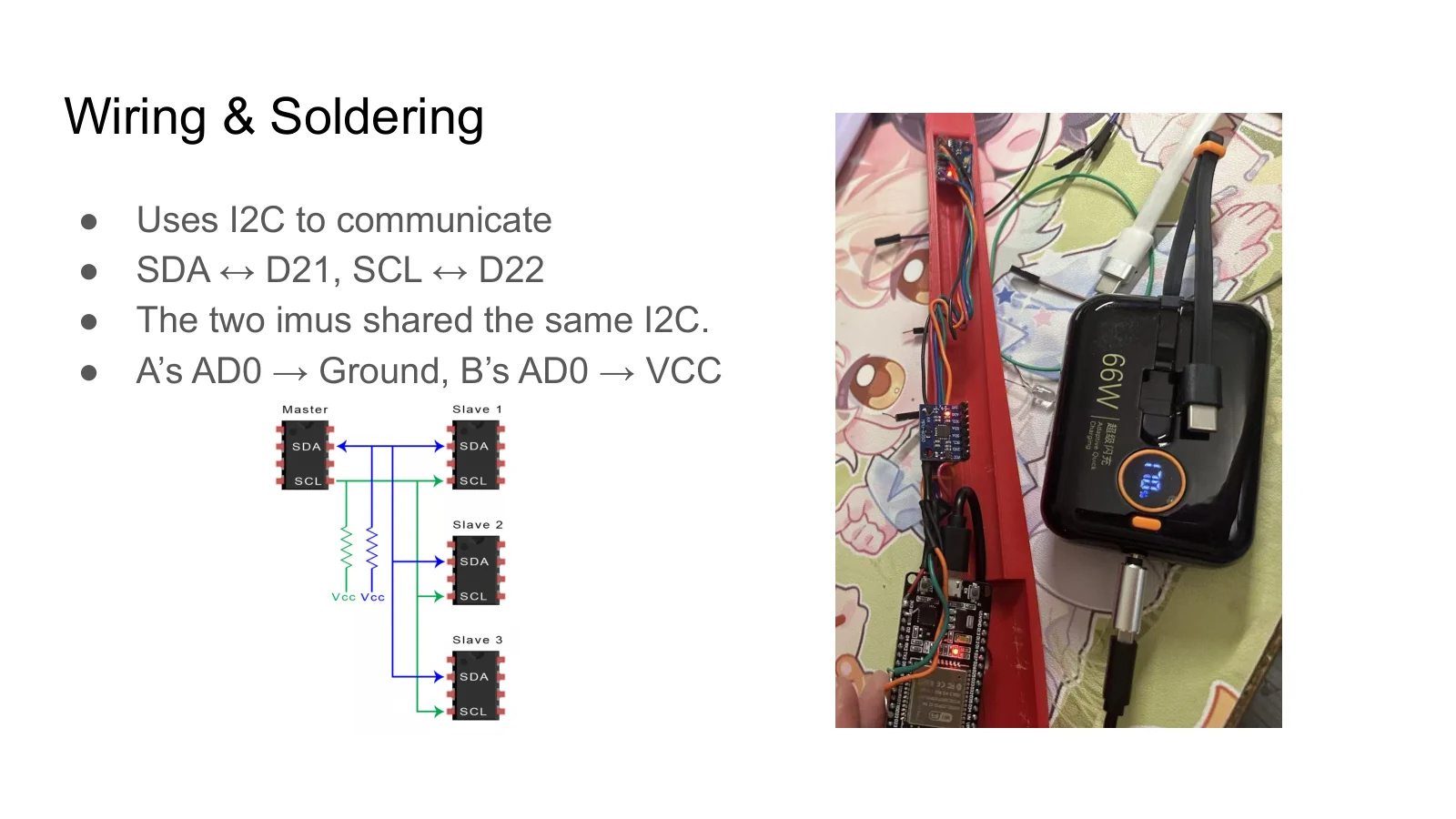 Two MPU-6050s share one I2C bus (0x68 / 0x69) and stream over BLE.