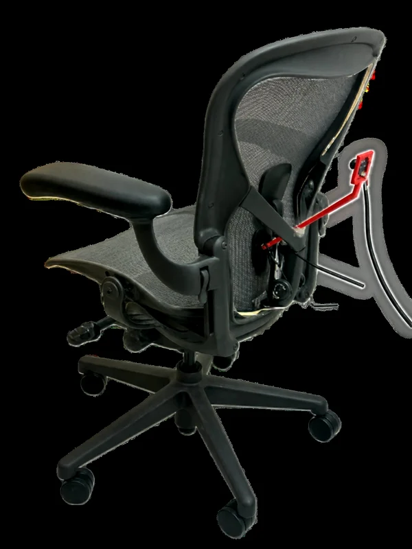 The real prototype: a mesh office chair with the camera module clipped behind its backrest